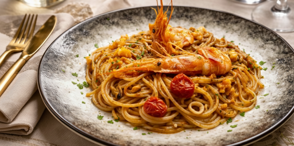 Spaghetti Frutti die mare auf einem Teller angerichtet