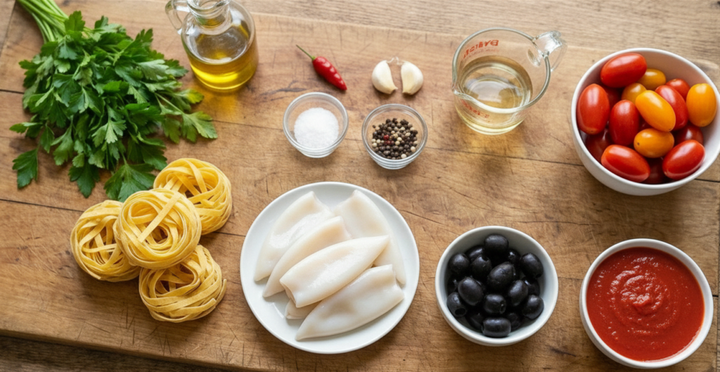 Zutaten für eine Pasta mit Calamari