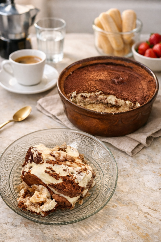 Cremiges Tiramisu in einer altmodischen Ofenschale