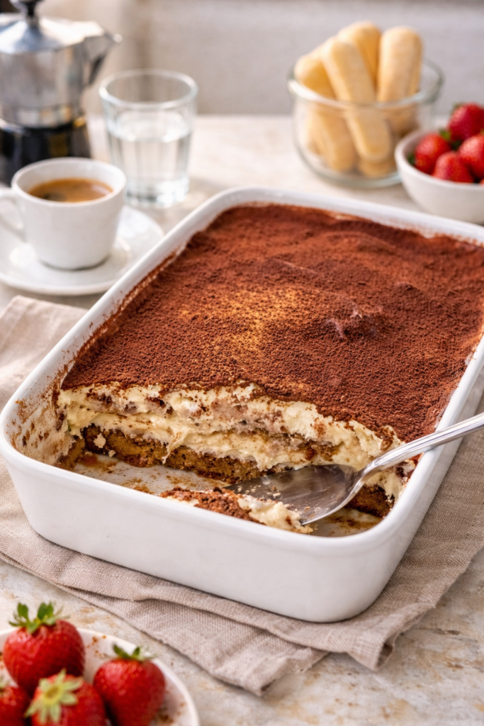 angestochenes Tiramisu in einer weißen Porzelanschale
