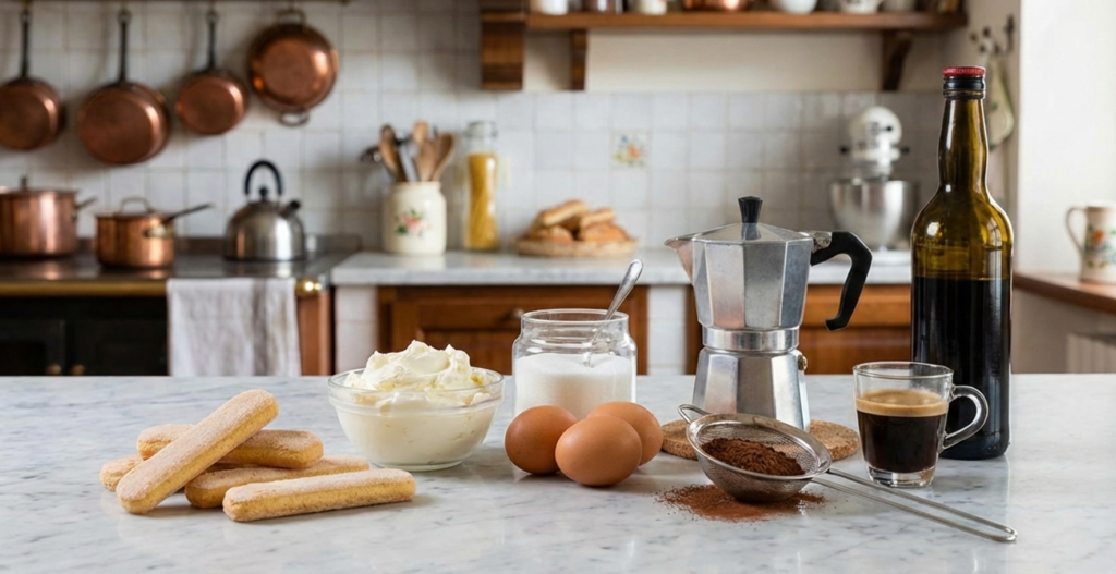 Zutaten für ein klassischen Tiramisu in einer klassicchen Küche