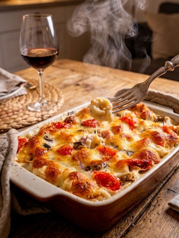 Dampfender Tortelliniauflauf in einer auflaufform auf einem rustikal gedeckten Holztisch