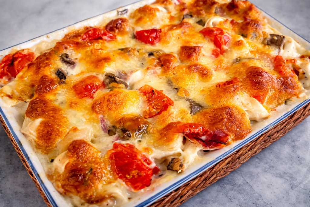Tortelliniauflauf mit knuspriger Käsekruste in einer Auflaufform