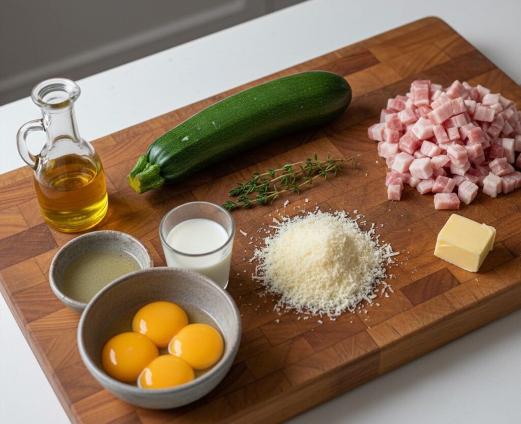 Zutaten fpr Carbonara con Zucchini auf einem Holzbrett ausgebreitet