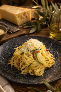 Authentische Linguine Carbonara mit Zucchini und Speck auf rustikalem italienischem Tisch.