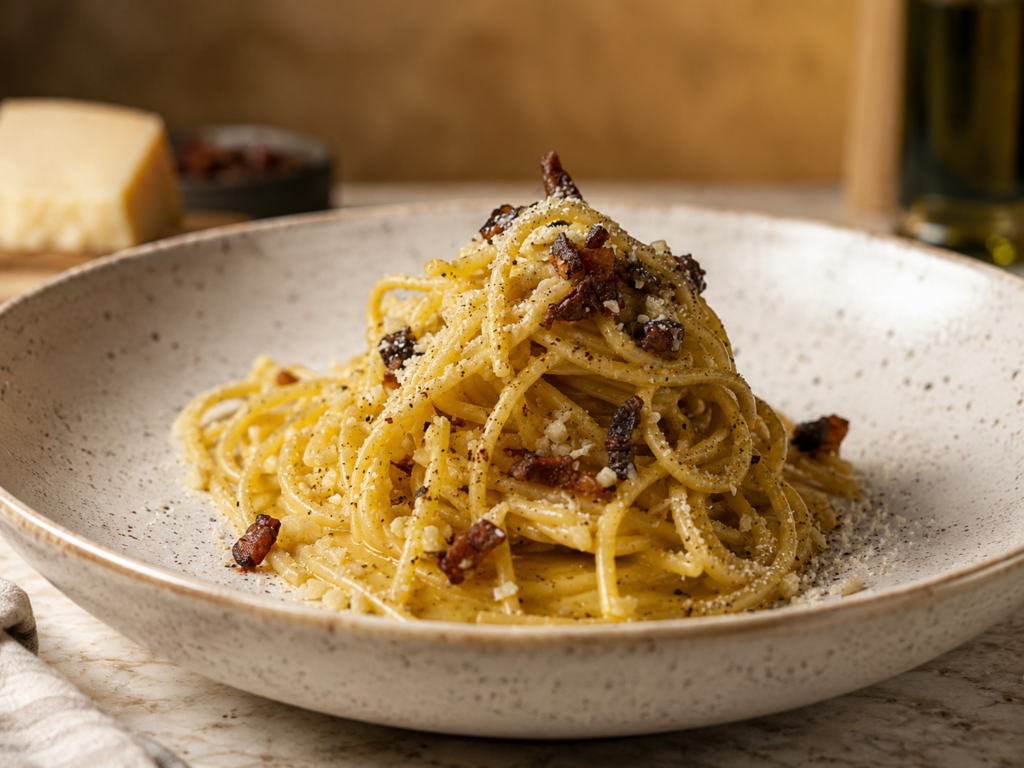 cremige Speghetti mit original Carbonara auf einem Keramikteller angerichtet