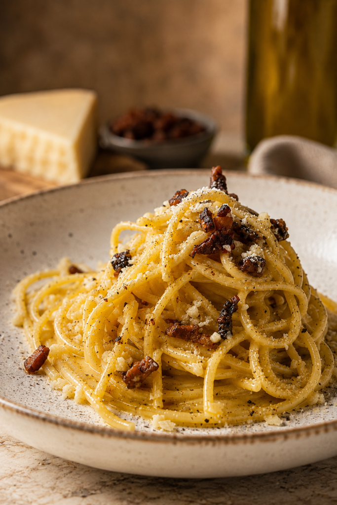 cremige Carbonara mit Guanciale auf Spaghetti in einem Keramikteller