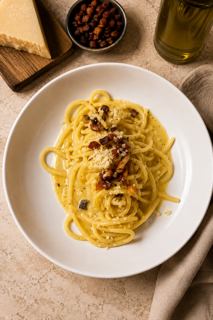 cremige Carbonara Sauce auf Spaghetti