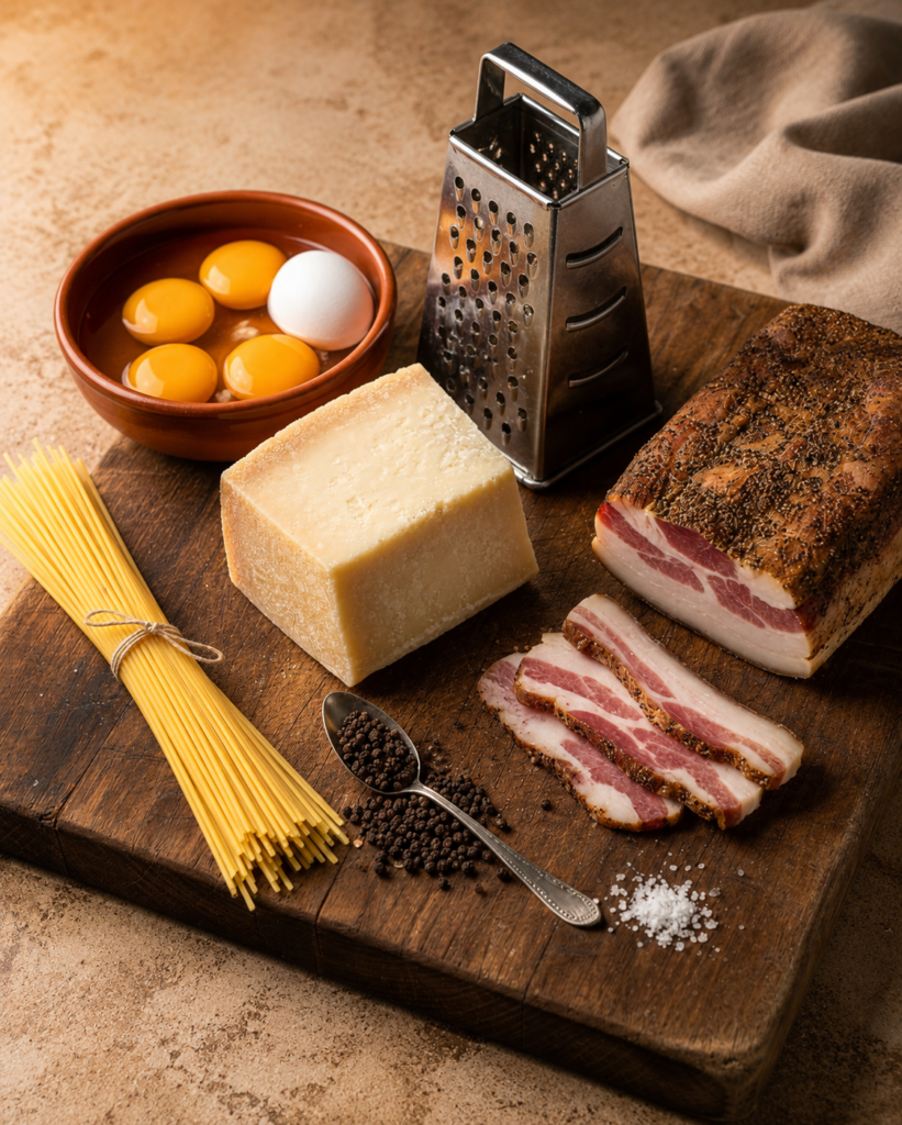 Zutaten für Spaghetti Carbonara werden auf einem Holzbrett ausgestellt