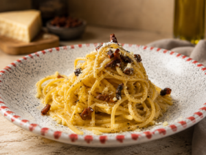 cremige Spaghetti Carbonara mit gebratenem Guaciale