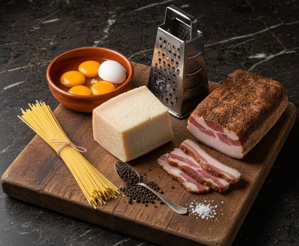 Zutaten für Original Spaghetti Carbonara auf einem Holzbrett