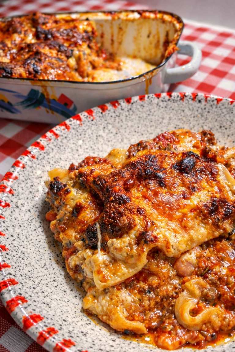 cremige Lasagne auf einem Teller angerichtet mit einer Auflaufform voll Lasagne im Hintergrund