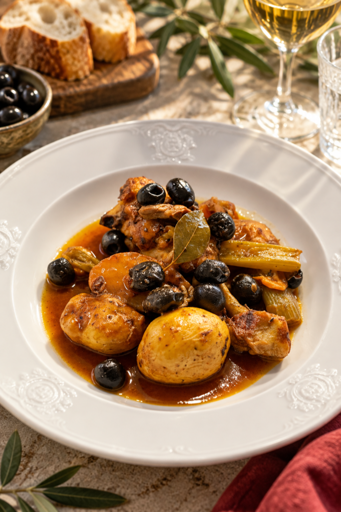Zart geschmortes Hähnchen mit Sauce, Oliven und Kartoffeln