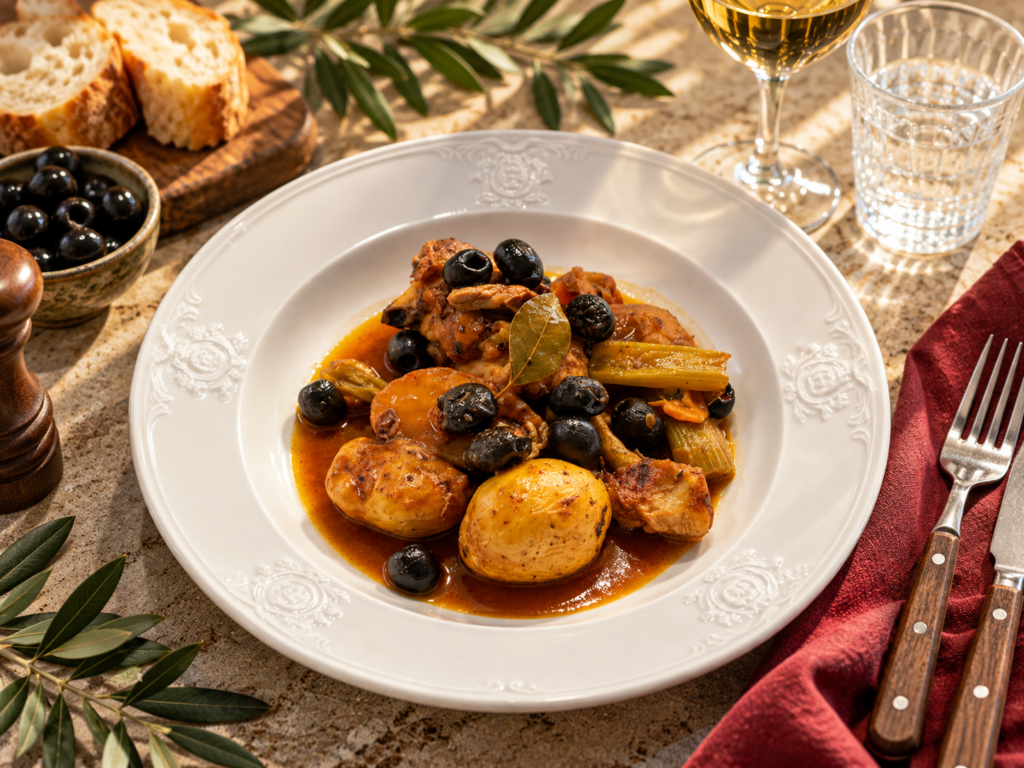 Zart geschmortes Hähnchen mit Sauce, Oliven und Kartoffeln