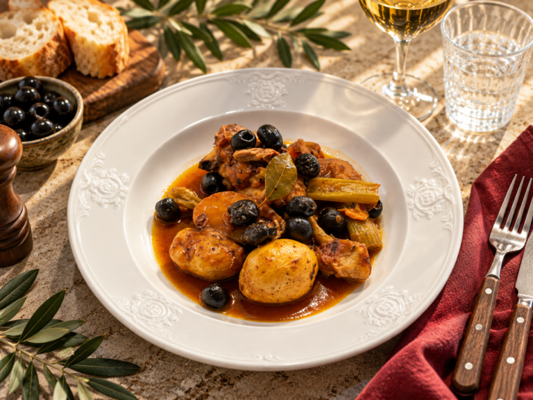 Zart geschmortes Hähnchen mit Sauce, Oliven und Kartoffeln