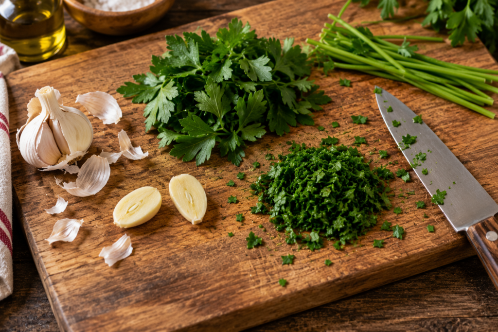 Petersielie und Knoblauch au einem Schneidebrett