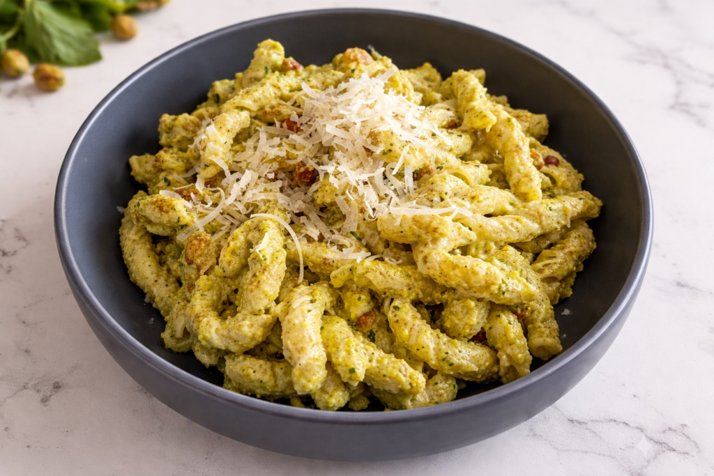 cremige Pasta mit Pistazienpesto in einem tiefen Pastateller