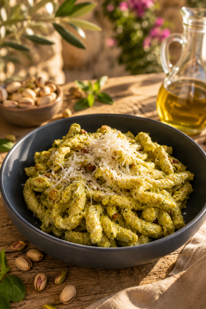 Pasta mit cremigem Pistazienpesto mit Speck, ganeirt mit Parmesan mit mediteraner Atmosphäre