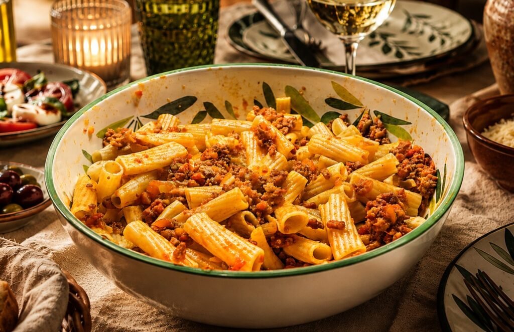 Eine große Schüssel mit einer Familienportion Pasta mit Salsiccia Ragu