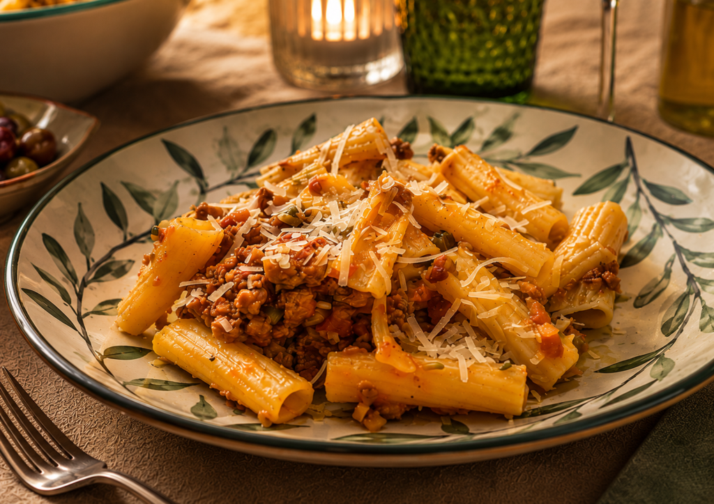 Salsiccia Ragu mit Penne auf einem Teller in mediterranem Ambiente