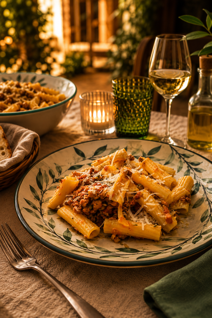 Reich gedeckter Tisch mir fruchtigem Salsiccia Ragu auf Penne
