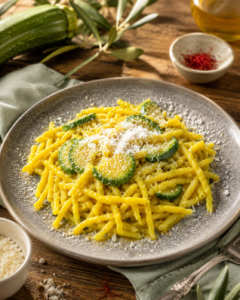 Cremige Safransauce mit Trofie serviert mit Zucchinigarnitur