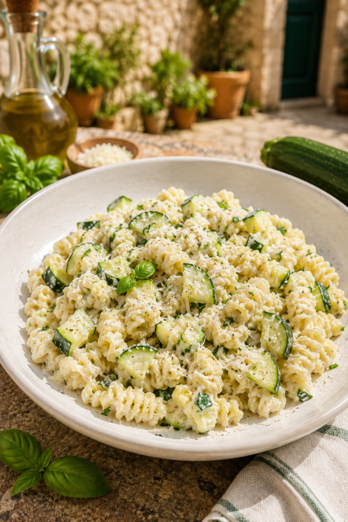Pasta mit Zucchini und Ricotta in mediterranem Ambiente