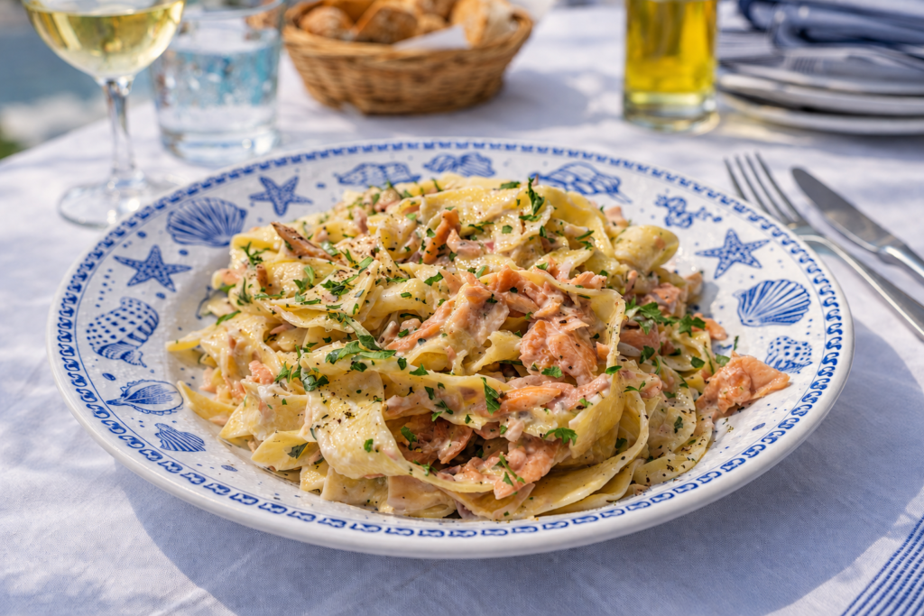 Pappardelle mit Lachs in cremiger Sauce von mediterran angereichten Tisch