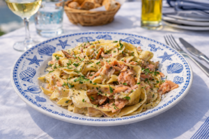 Pappardelle mit Lachs in cremiger Sauce von mediterran angereichten Tisch