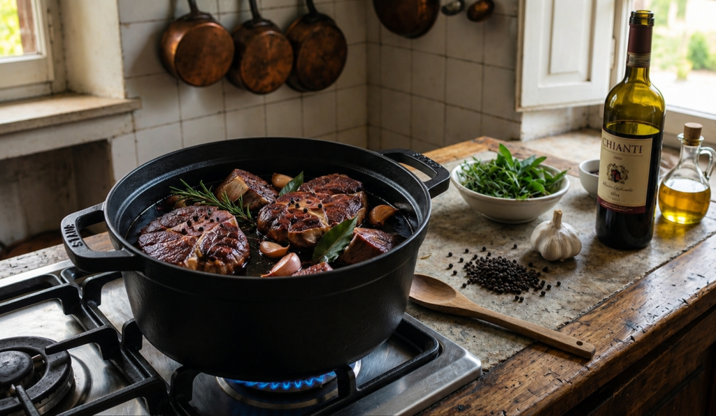 Ein Schmortopf mit Fleisch und Gewürzen in einer sehr rustikalen Küche. Dazu alle Zutaten für klassisches toskanisches Peposo
