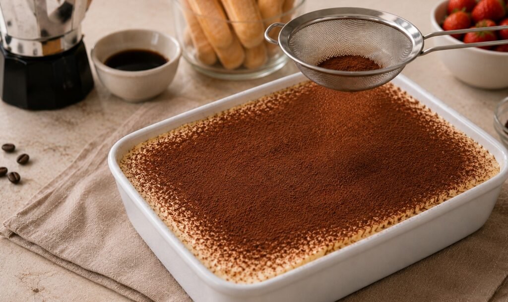 Kakao auf Tiramisu streuen