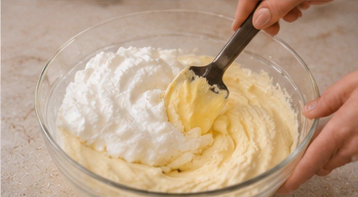Eischnee wird unter die Eigelb-Mascarpone-Mischung gehoben