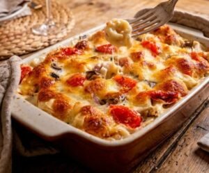 Knuspriger Tortelliniauflauf in einer Auflaufform zieht saftige Käsefäden von einer Gabel
