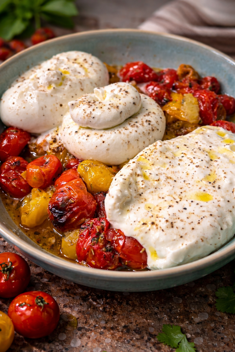 cremige Burrata auf saftigen gerösteten Tomaten