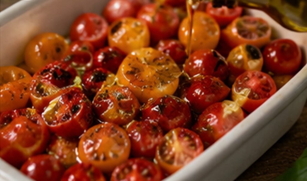 Tomaten werden mit Olivenöl beträufelt