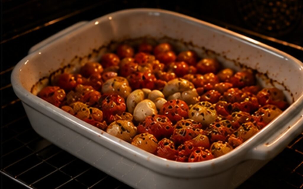 Kirschtomaten werden mit Knoblauch im Ofen geschmort