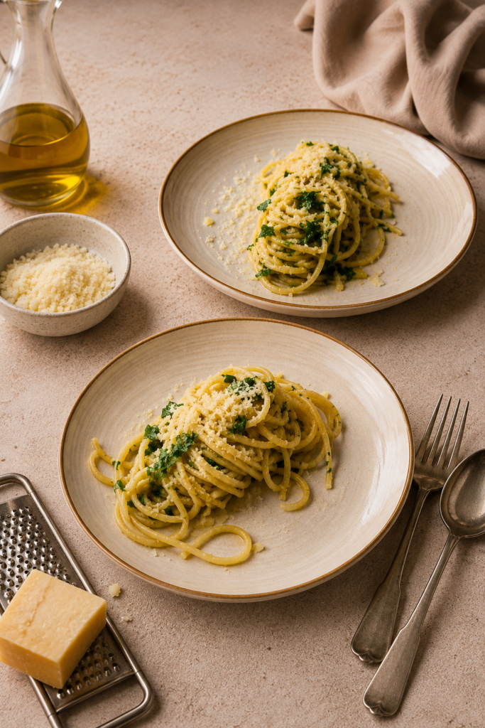 Spaghetti Aglio e Olio e Peperoncino auf zwei Tellern serviert