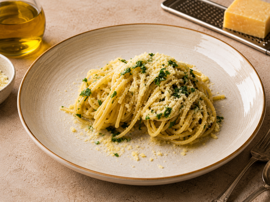 Spaghetti Aglio e Olio e Peperoncini auf einem Keramikteller angerichtet