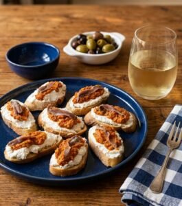 Crostini mit Ricotta und Sardellen auf Keramikteller angerichtet