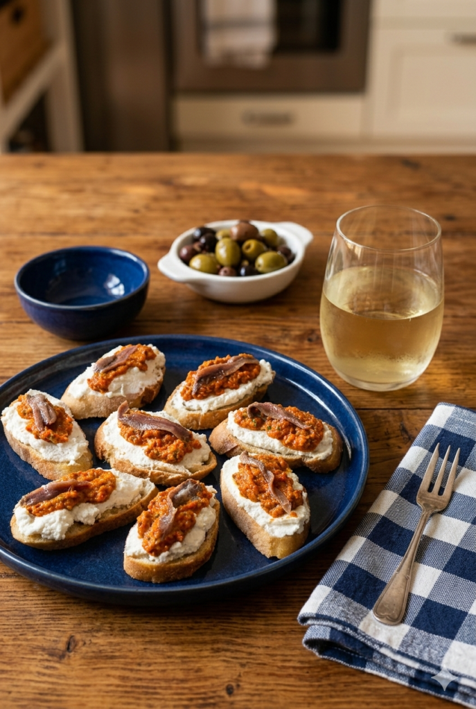 Crostini mit Ricotta und Sardellen auf Keramikteller angerichtet