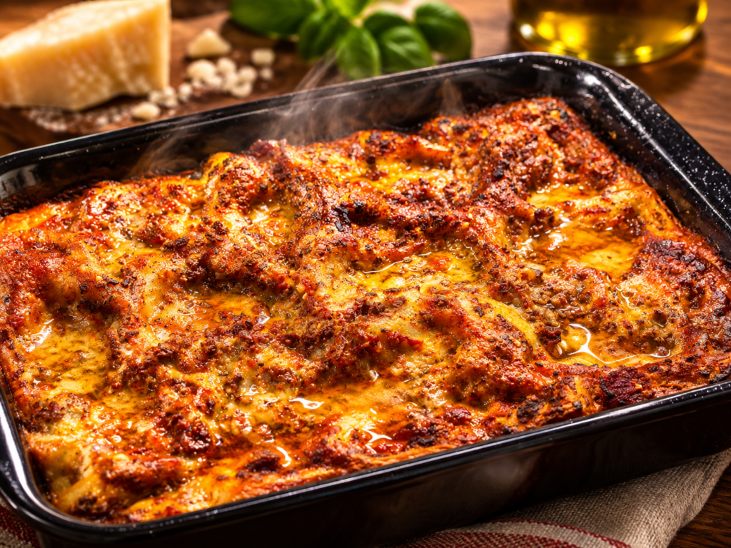 knusprige Lasagne wird in Ofenform serviert