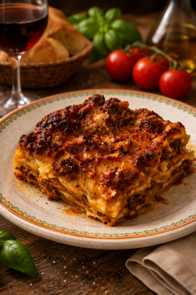 Ein Stück knusprige Lasagne auf einem weißen Teller serviert