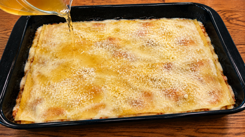 rohe, fertig geschichtete Lasagne wird mit Brühe übergossen