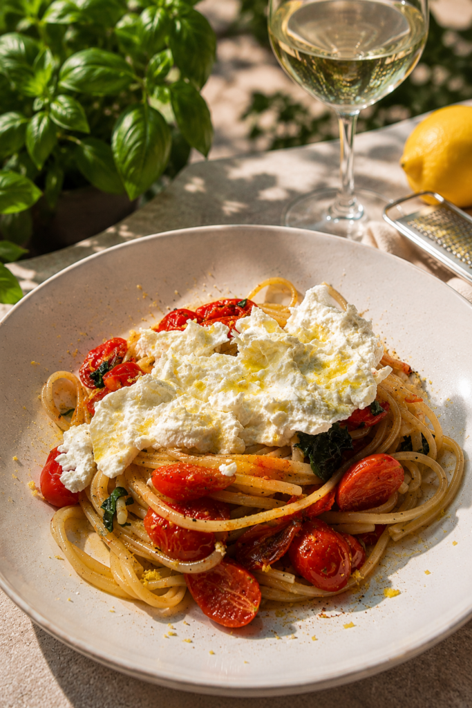 Linguine mit cremiger Burrata und saftig geschmorten Tomaten in sommerlichem Flair serviert