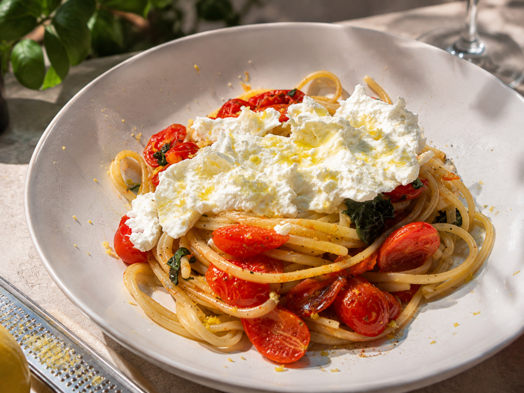 Mediterane Tischdeko. Im Zentrum herangezoomt ein KEeamikteller mit Linguine, gerösteten Tomaten und Burrata