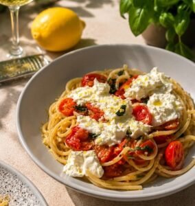 Glänzende Linguinie mit saftigen Tomaten und einer cremigen Burrata in mediterranem Flair angerichtet.