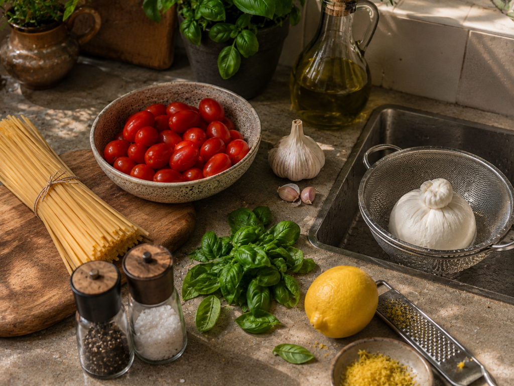 Zutaten für Linguine mit Tomaten und Burrata in einer mediterranen Küche