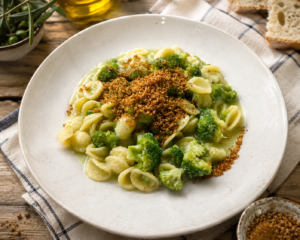 Orecchiette mit kleinen Brokkoliröschen in mediterranem Ambiente aufgetischt