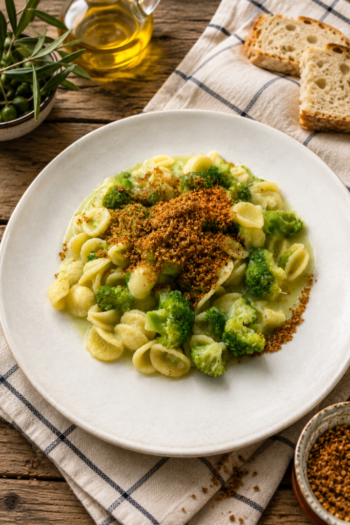 Cremiger Brokkoli mit Orechiette in mediterranem Ambiente
