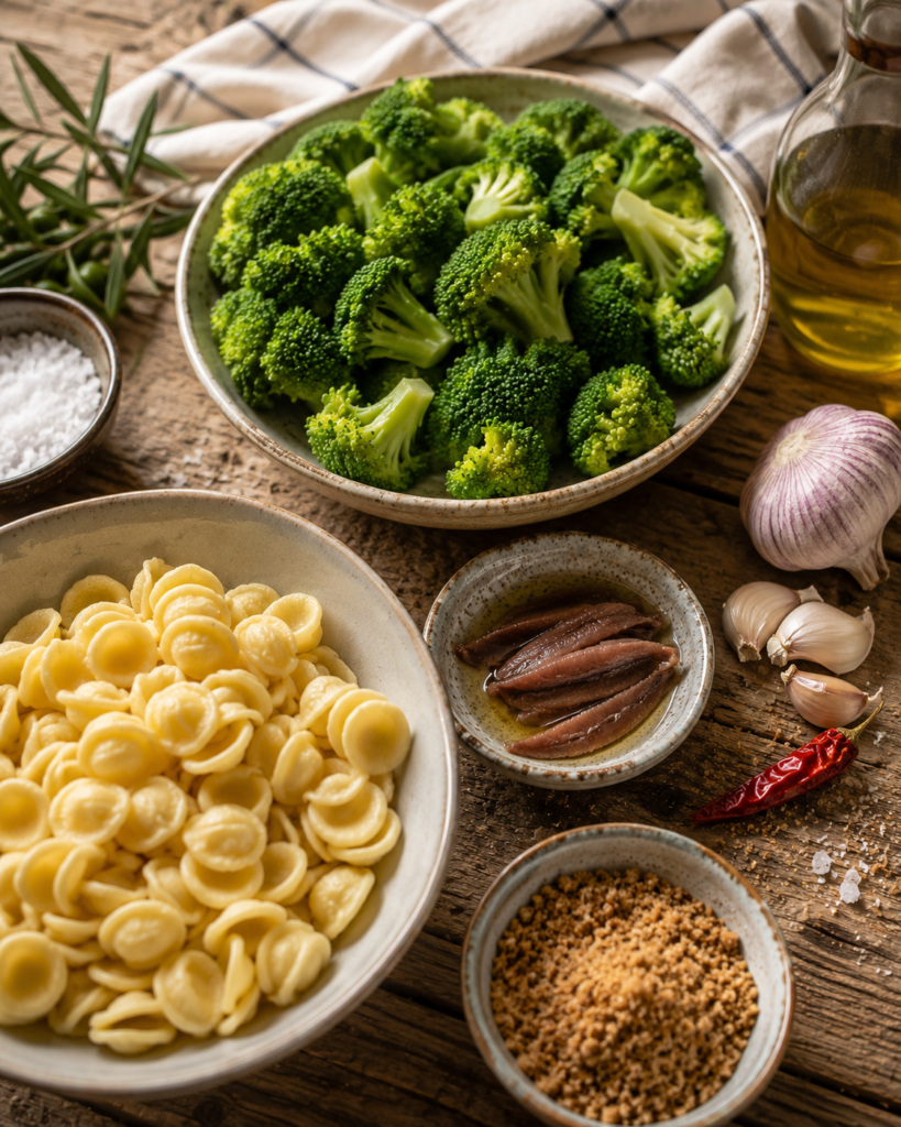 Zutaten für cremige Orechiette con i Broccoli auf einem Holztisch ausgestellt